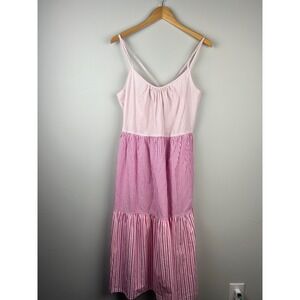 Free Assembly Women Pink Striped Tiered Midi Dress Cotton Tie Back size M